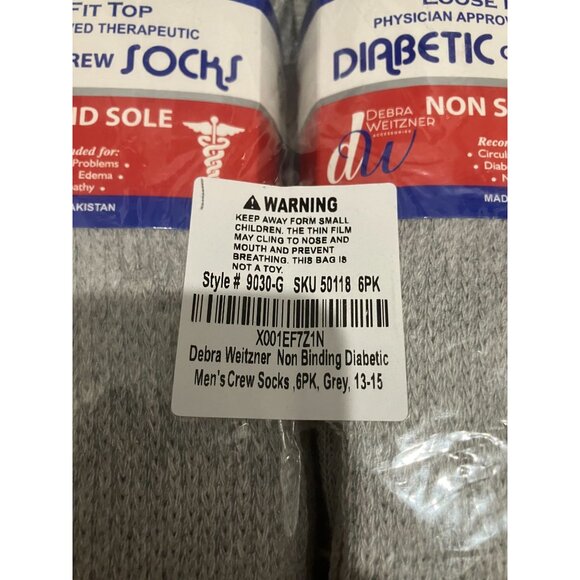 Debra Weitzner Non Binding Diabetic Men's Crew Socks, 6-Pack, Gray, Size 13-15 - Picture 3 of 3